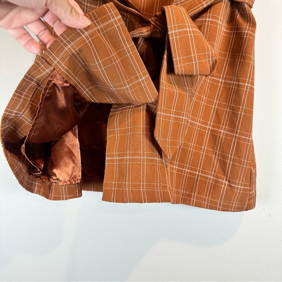 Alythea Plaid Orange Brown Button Down Mini A-Line Skirt Tie Front Belt Preppy - Picture 2 of 7
